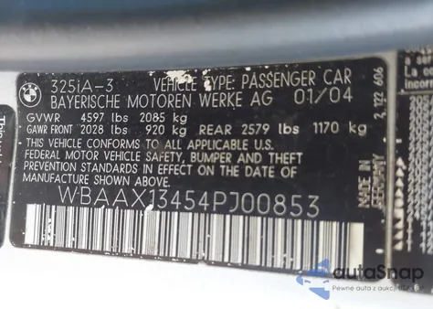 2004 BMW 325It из США, поврежденный, VIN WBAAX13454PJ00853